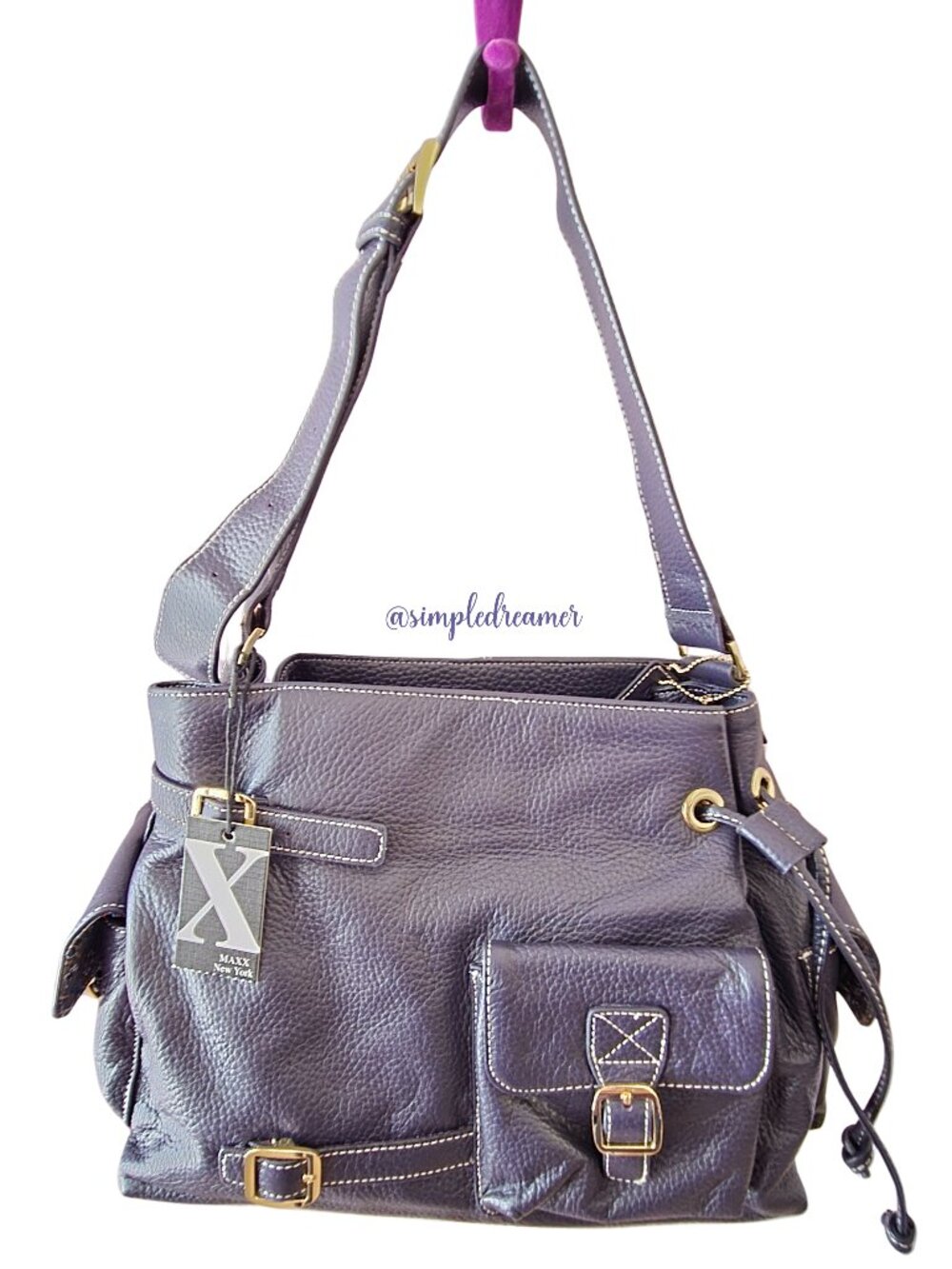 Maxx New York Pebbled Leather Drawstring Shoulder Bag Eggplant NWT Dust Bag